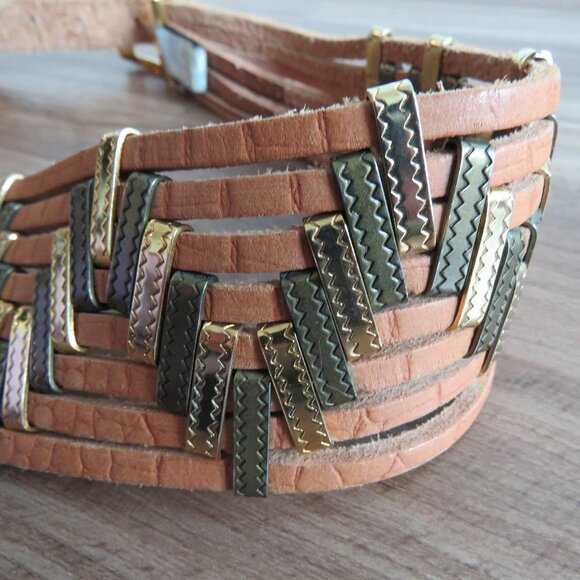 VINTAGE JOSE COTEL Multi Strand Southwestern Boho Wide Tan Leather Belt - Picture 3 of 12